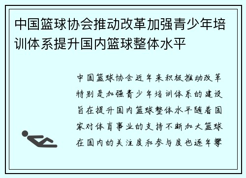 中国篮球协会推动改革加强青少年培训体系提升国内篮球整体水平