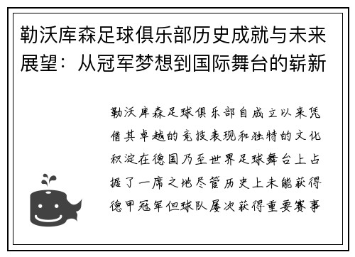 勒沃库森足球俱乐部历史成就与未来展望：从冠军梦想到国际舞台的崭新征程