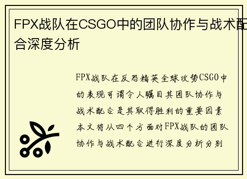 FPX战队在CSGO中的团队协作与战术配合深度分析