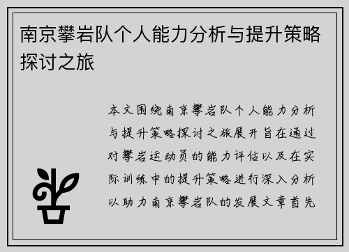 南京攀岩队个人能力分析与提升策略探讨之旅