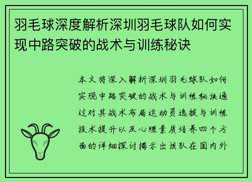 羽毛球深度解析深圳羽毛球队如何实现中路突破的战术与训练秘诀